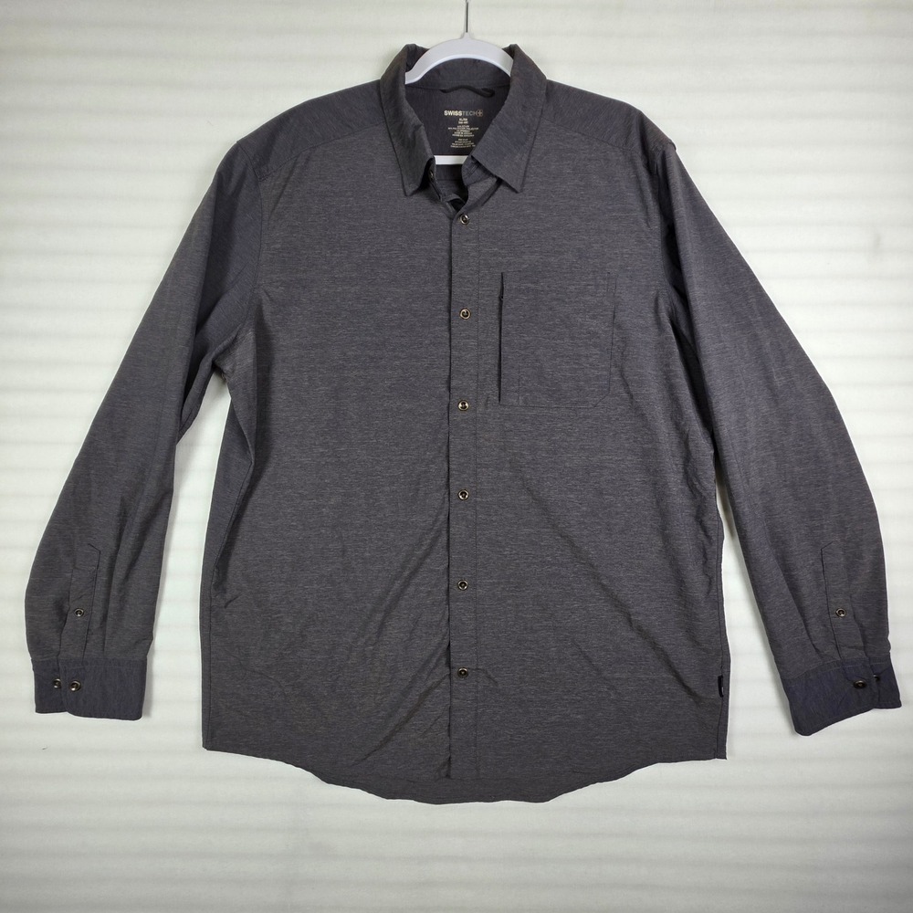 Swiss Tech Shirt Mens XL Charcoal Gray Button Up Long Sleeve Stretch